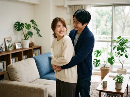 リビングで笑顔で抱き合う若い男女のカップル