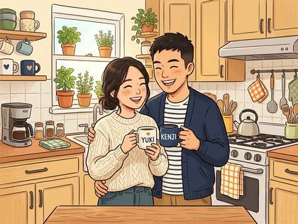 キッチンで笑顔のカップルがコーヒーカップを持つ。