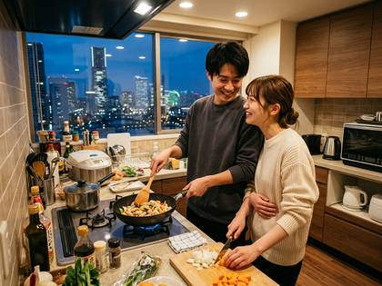 夜景が見えるキッチンで料理を楽しむ若いカップル。男性が炒め物を作り、女性が笑顔で見守る。