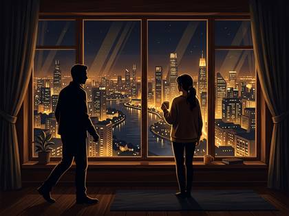 夜景の見える窓辺に立つ男女。