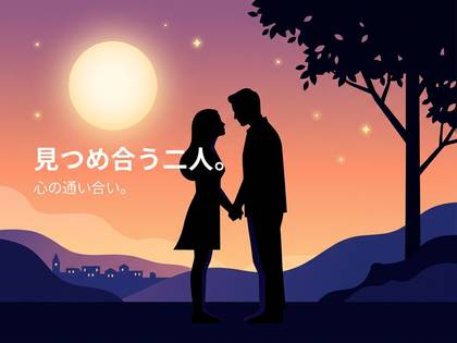 夕暮れの空の下、見つめ合い手をつなぐ二人の男女のシルエット。