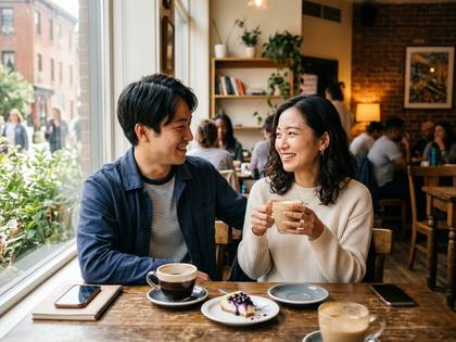 明るいカフェの窓際で、笑顔で会話を楽しむ男女。