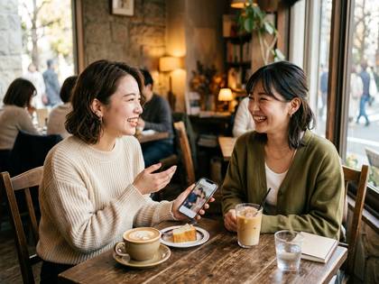 カフェで笑顔で話す2人の女性。スマホを見せながら会話を楽しんでいる。