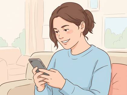 ソファで笑顔でスマートフォンを操作する女性。
