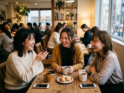 カフェで笑顔の女性たちが会話を楽しんでいます。