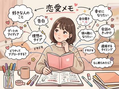 「恋愛メモ」を書きながら恋について思案中の女性。