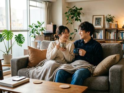 ソファでくつろぎ、マグカップを持ち笑顔で語り合うカップル。