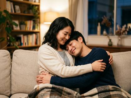 ソファで男性が女性の肩に寄り添い、笑顔で抱き合う男女。