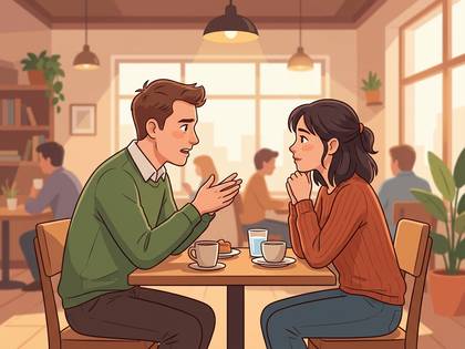カフェで向かい合い、男性が話すのを女性が聞いているイラスト。