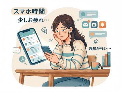 スマホ時間で疲れた女性が、通知の多さにうんざりしているイラスト。
