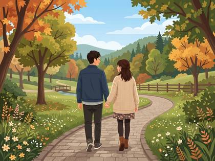 秋の公園の道を仲良く歩く男女。美しい紅葉と自然の風景。