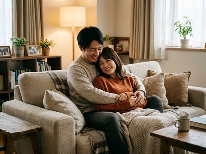 リビングのソファで抱き合い、笑顔でくつろぐ夫婦。