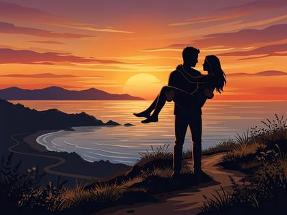 夕焼けの海を背景に、男性が女性をお姫様抱っこしているシルエット。