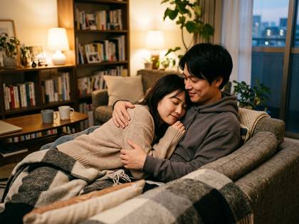 リビングのソファで寄り添ってくつろぐ、幸せそうなカップル。