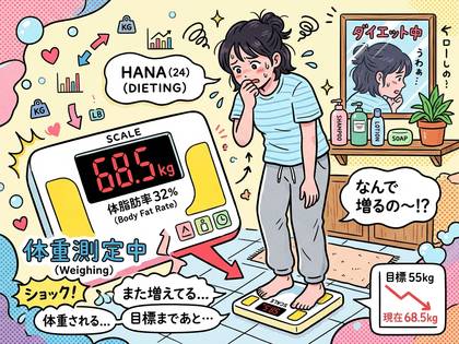 ダイエット中の女性が体重計の表示を見て、体重増加にショックを受ける。