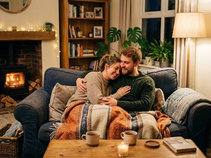 暖炉のあるリビングでソファに座り、笑顔で寄り添うカップル。