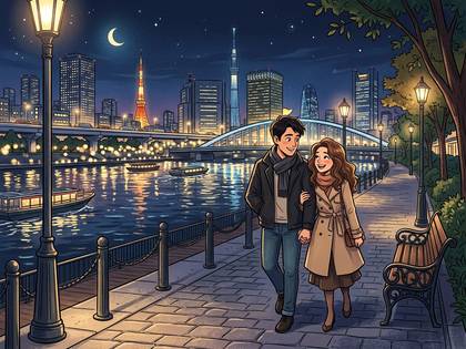 東京の夜景と水辺を散歩するカップル。街灯と月がロマンチックな雰囲気。