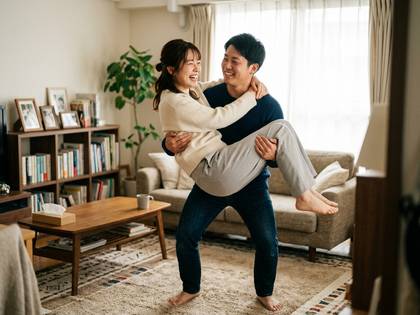 リビングで男性が女性を抱き上げ、二人で笑顔を見せている。