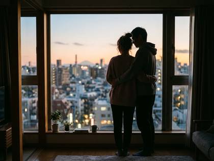 夕暮れの窓辺で寄り添い、街と富士山を眺めるカップル。