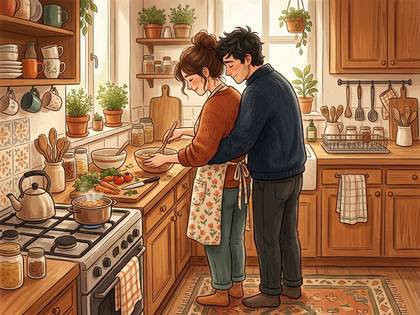 キッチンで料理するカップル。男性が女性を後ろから抱きしめているイラスト。