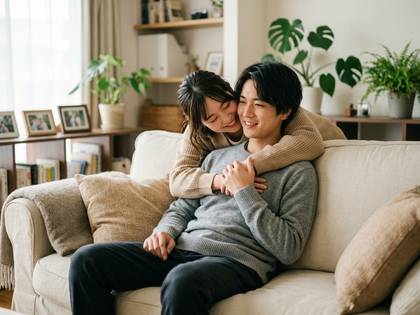 リビングのソファで、笑顔で抱き合うカップル。