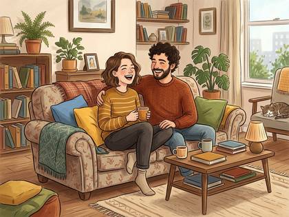 ソファで寄り添い笑顔で談笑するカップルのイラスト。