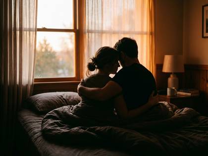 朝日の差し込む窓際で、抱き合うカップルのシルエット。