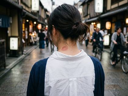 日本の街を歩く、首筋にキスマークのある女性の後ろ姿。