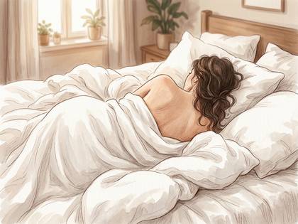 白い布団のベッドで、背中を向けてうつ伏せに寝る女性。
