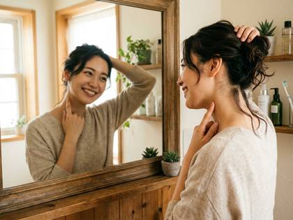 明るい部屋で、鏡に映る笑顔の女性が、首筋に触れ髪を整えている。