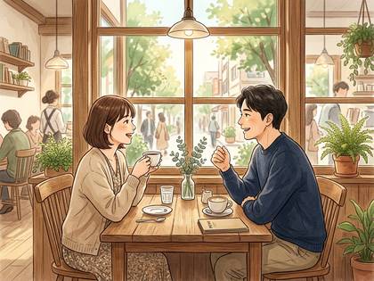 カフェで向かい合って笑顔で会話する男女のイラスト。