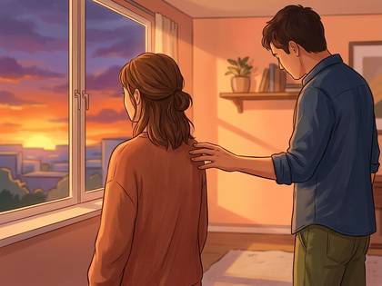 夕焼けを眺める女性の肩に、男性が手を置いているイラスト。