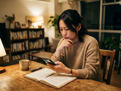 夜、自宅でスマートフォンを見ながら考え込む女性。