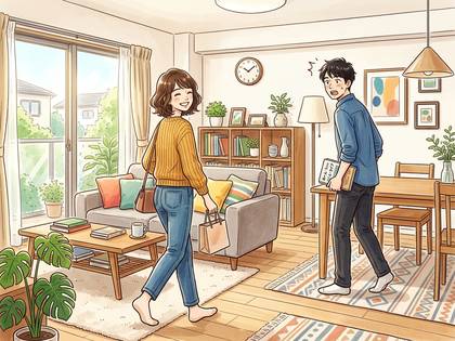 リビングで対面する笑顔の女性と驚く男性のイラスト。