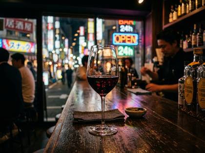 夜のネオン街が見えるバーカウンターに置かれた赤ワイングラス。