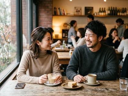 カフェで向かい合って笑顔で話す男女。