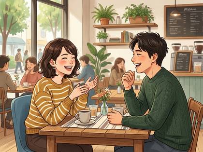 カフェで向かい合い、笑顔で談笑する男女。