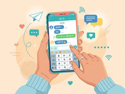 スマートフォンで日本語のメッセージを送受信する両手。オンラインコミュニケーションのイラスト。