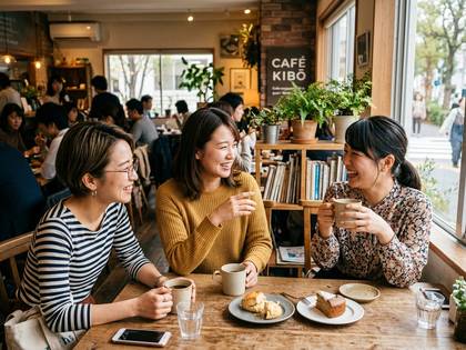 カフェでコーヒーを飲みながら楽しそうに談笑する女性たち。