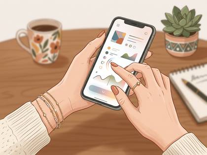 スマートフォンでデータ画面を操作する手元。デスクにコーヒーと植物。