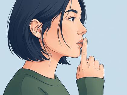 唇に指を当て「シーッ」と静かに促す女性の横顔イラスト。