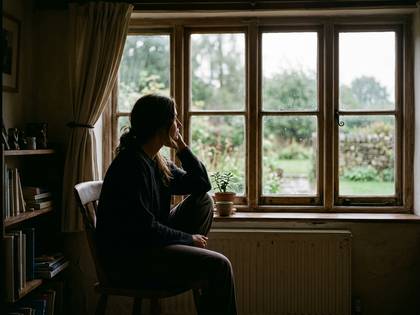 薄暗い部屋で窓の外の庭を静かに見つめる女性の横顔。