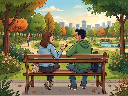 公園のベンチで談笑する男女。奥に街並みと池が広がる。
