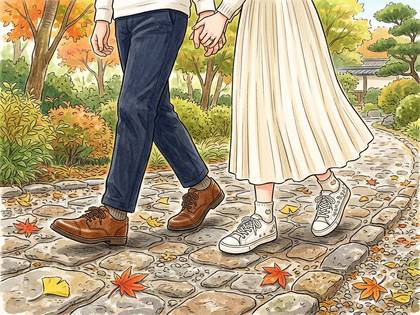 紅葉の秋、手をつないで石畳の道を散歩するカップルの足元を描いたイラスト。