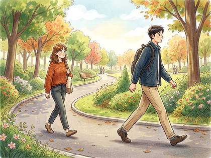 秋の公園で若い男女がすれ違う水彩画。
