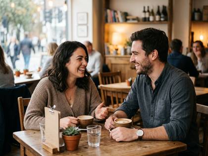 カフェで笑顔で会話を楽しむ男女。