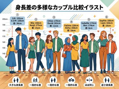 男女の身長差を示す多様なカップル6組の比較イラスト。