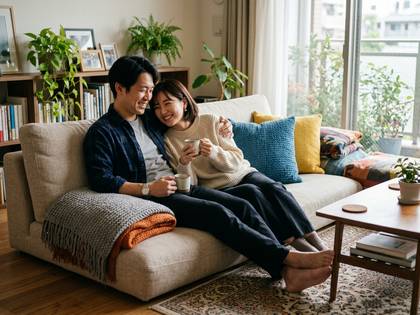 ソファでくつろぐ笑顔のカップル、マグカップを持っている。