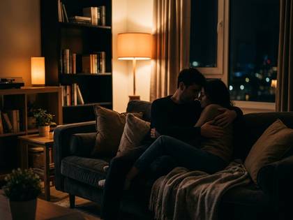 暖かい光に包まれたリビングのソファで、優しく抱き合うカップル。
