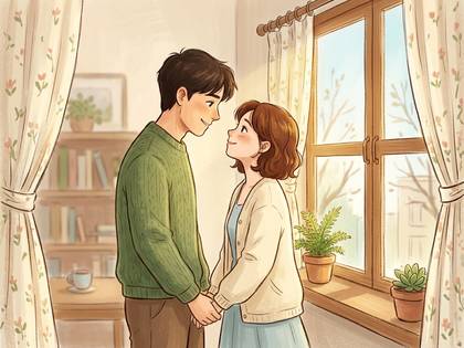 部屋で手をつなぎ、見つめ合うカップルのイラスト。